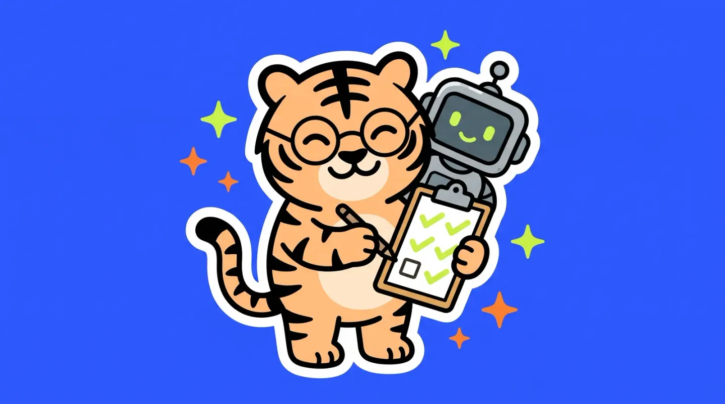 The TigerSoup tiger in reading glasses writing a three-item checklist on a clipboard, while a small robot reads over its shoulder