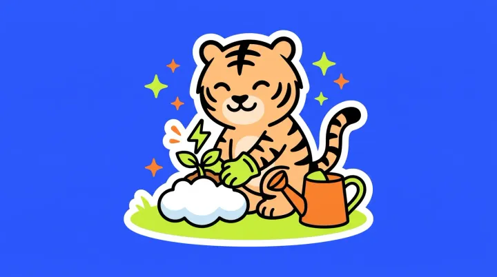 The TigerSoup tiger watering a tiny sprout with a lightning-bolt leaf in a flowerpot shaped like a cloud