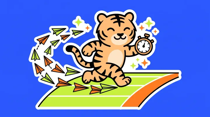 The TigerSoup tiger sprinting on a running track with a stopwatch, leaving a trail of paper airplanes behind it