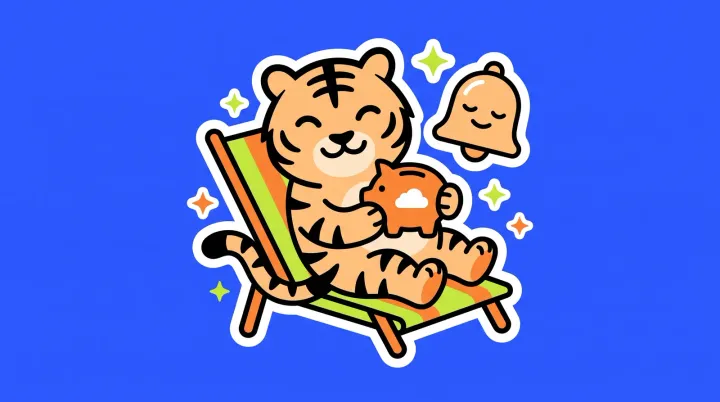 The TigerSoup tiger relaxing in a deck chair, holding a piggy bank with a small cloud on it, a calm alarm bell floating nearby