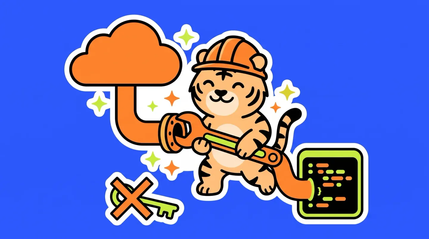 The TigerSoup tiger in a hard hat joining a code pipe to a cloud pipe with a wrench, an old-fashioned key crossed out on the ground