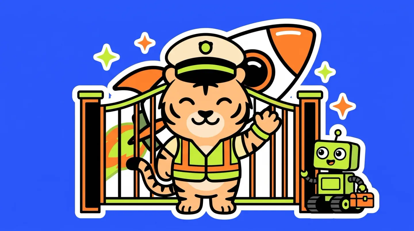 The TigerSoup tiger dressed as a friendly security guard in front of a closed gate, a rocket glowing behind it, while a small robot with a toolbox waits politely outside