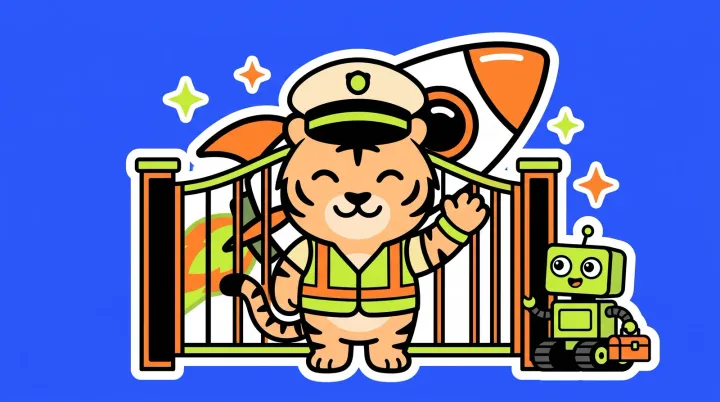 The TigerSoup tiger dressed as a friendly security guard in front of a closed gate, a rocket glowing behind it, while a small robot with a toolbox waits politely outside