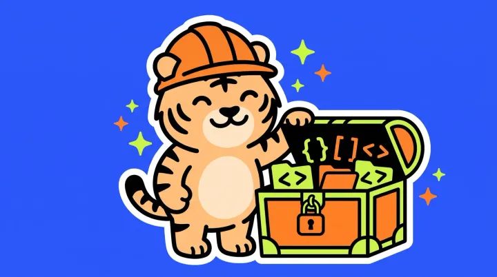 The TigerSoup tiger in a hard hat standing proudly beside an open treasure chest full of glowing code brackets and folder icons