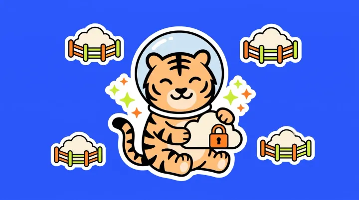 The TigerSoup tiger in an astronaut helmet hugging a padlocked cloud, with four small fenced clouds floating around it