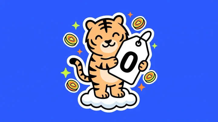 The TigerSoup tiger standing on a small cloud, holding up a big price tag that shows only a zero, with cloud-stamped coins floating around
