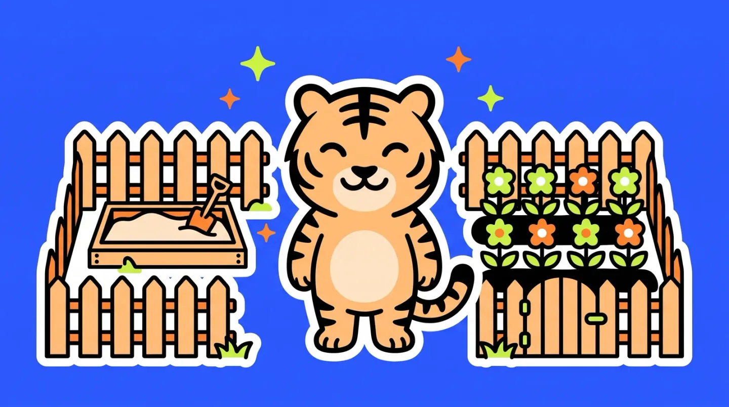 The TigerSoup tiger standing between two fenced gardens, a sandbox on one side and a tidy blooming garden with a closed gate on the other