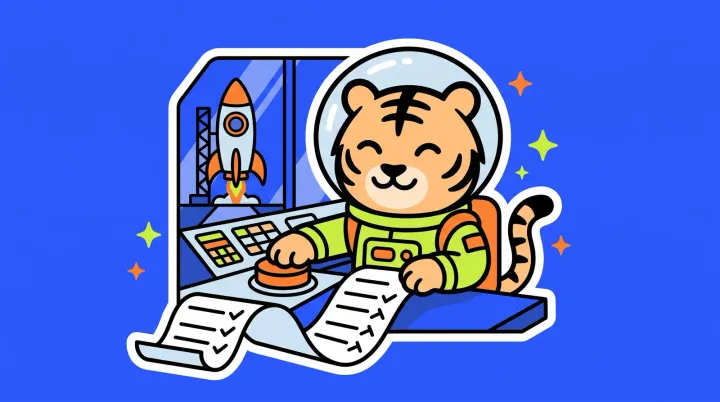 The TigerSoup tiger in a space suit at a launch control desk, pressing a big button as a long ticked checklist unrolls and a rocket waits on the pad