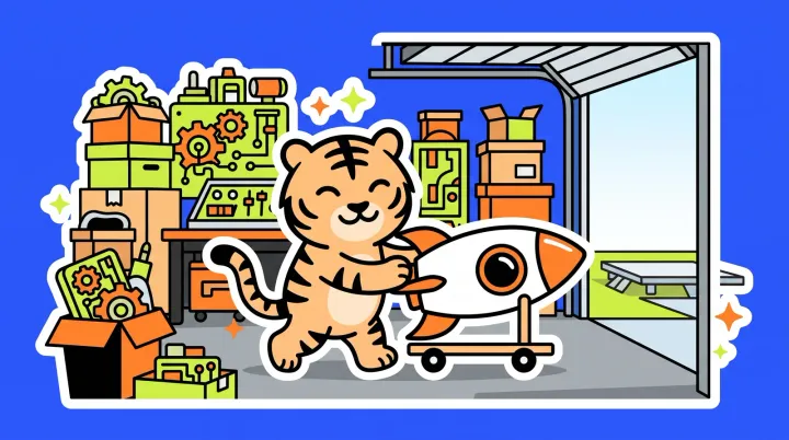 The TigerSoup tiger pushing a rocket out of a cluttered garage full of half-built gadgets, through the open door onto a bright launchpad