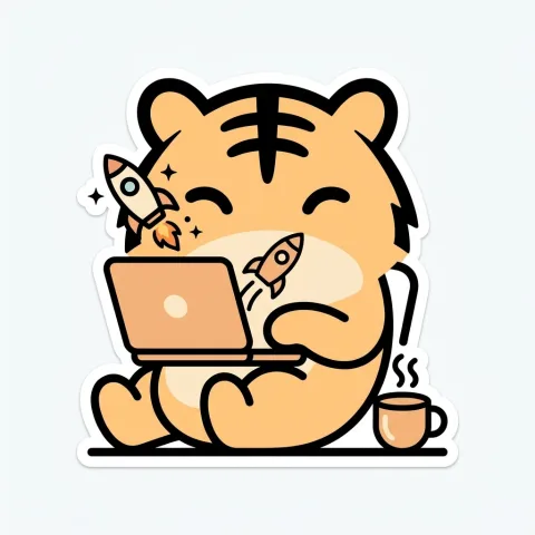 The tiger relaxing with a laptop as a rocket launches from the screen