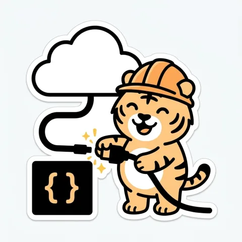 The tiger in a hard hat plugging a cloud into a code box