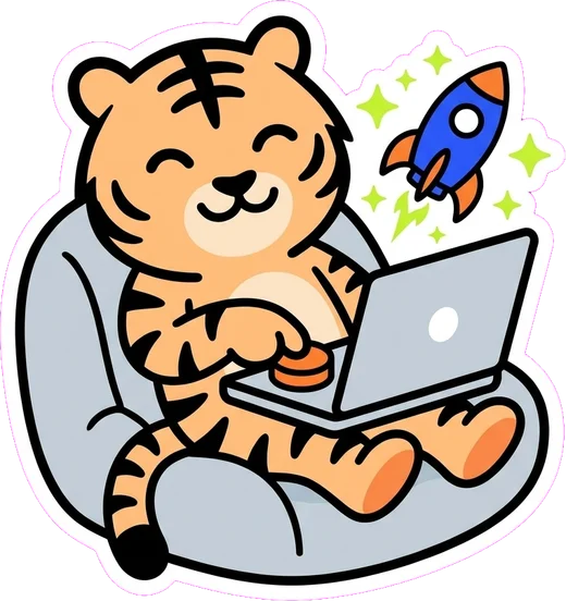 The tiger relaxing in an armchair, pressing one orange button on a laptop as a little rocket takes off