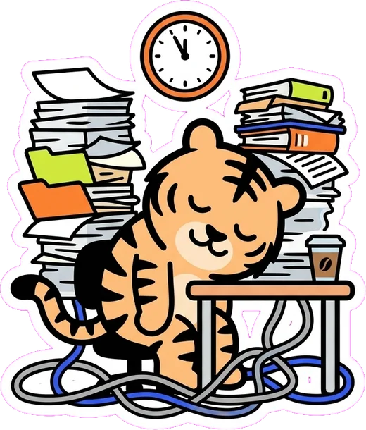 The tiger slumped at a desk under a tower of paperwork and tangled cables, late at night